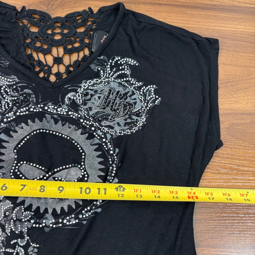 Harley-Davidson Womens XL Black Rhinestone Skull Crochet Lace Back Top Biker - Picture 6 of 9